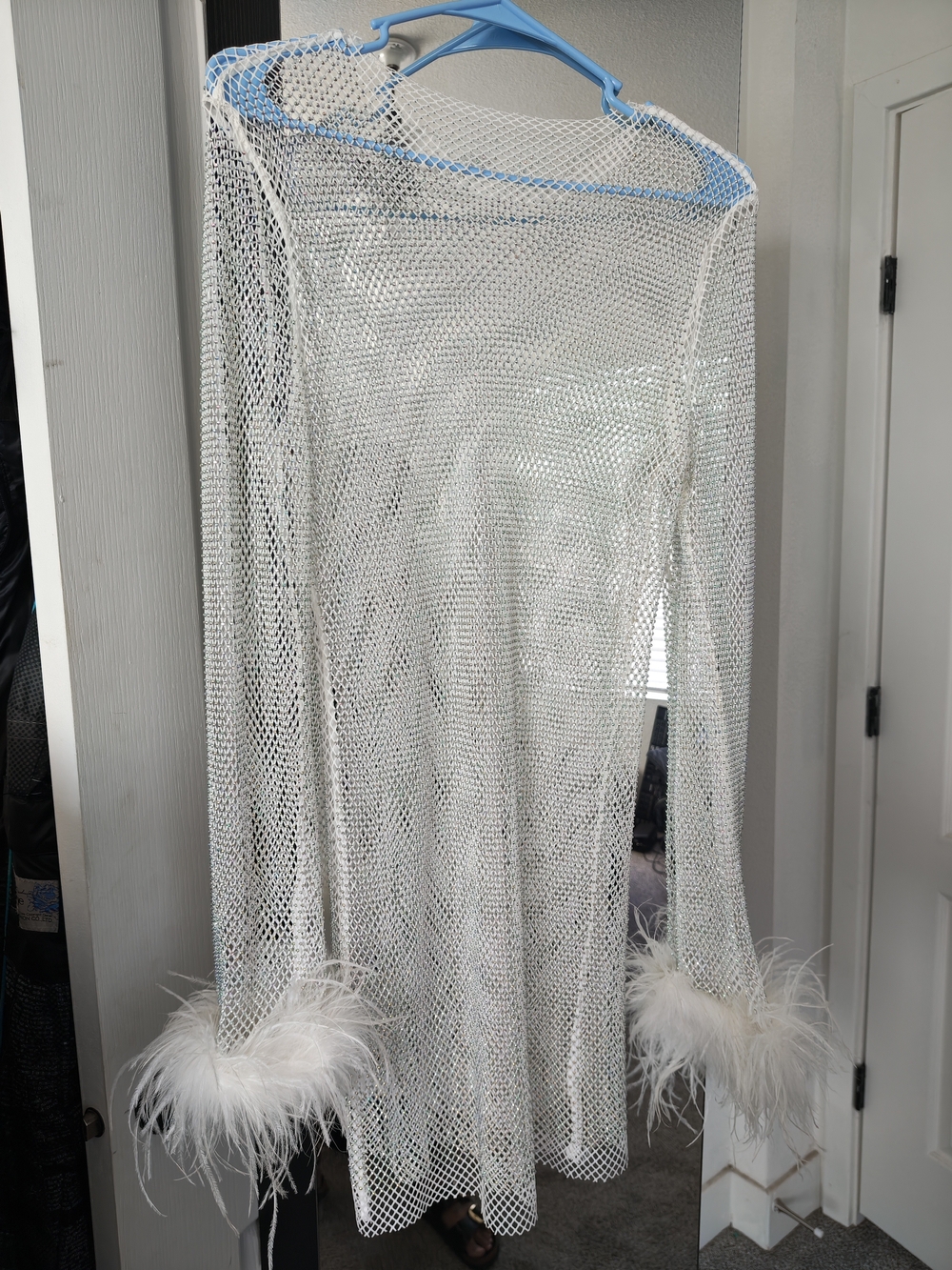 White Mesh Long-Sleeve Dress with Feather Cuffs
